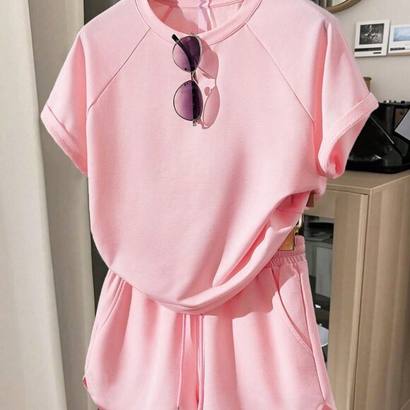 Pink Casual Women's Versatile  Shorts & Short Sleeve Top Set - Picture 1 of 7